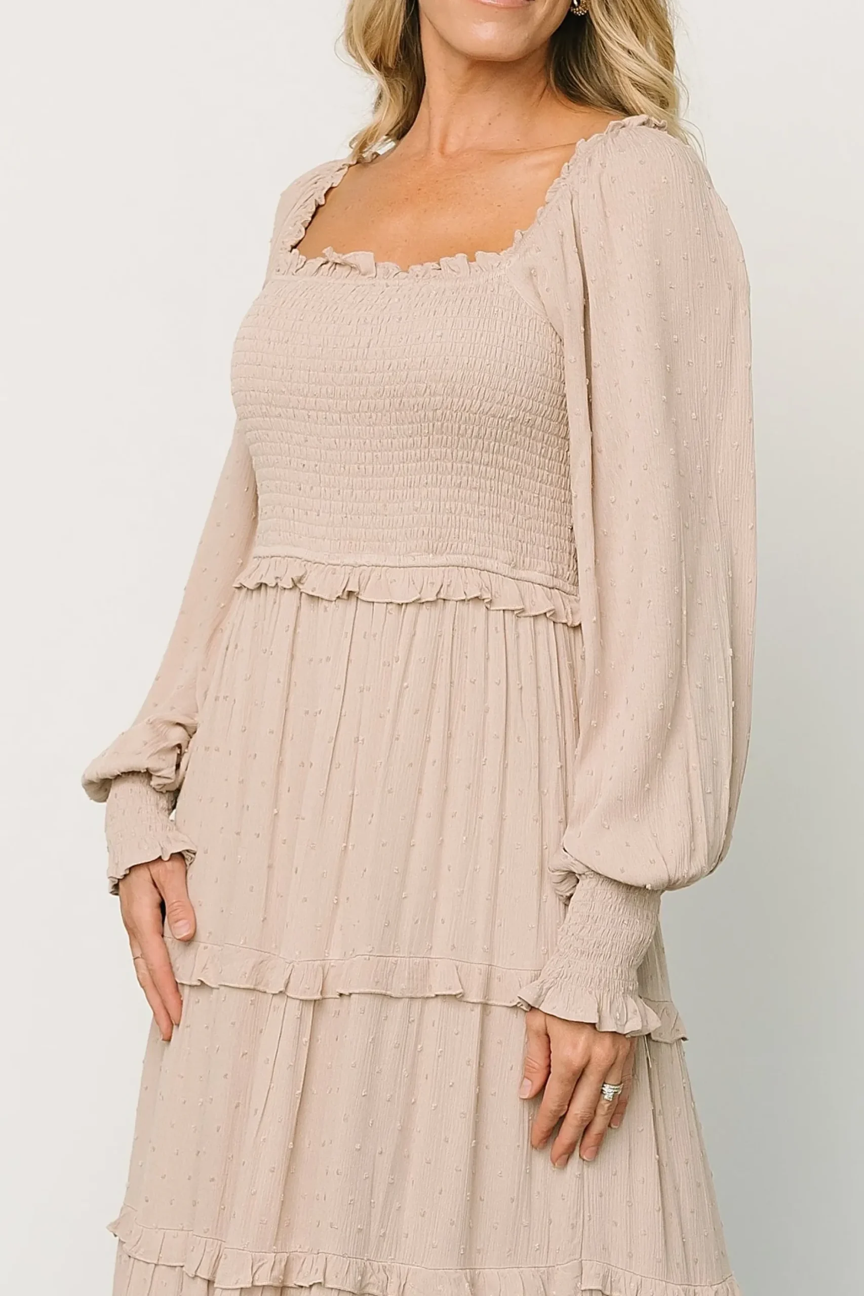 Discount Baltic Born Amanda Smocked Dotted Maxi Dress | Beige
