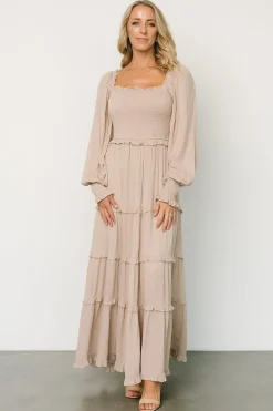Discount Baltic Born Amanda Smocked Dotted Maxi Dress | Beige
