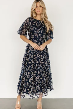 Fashion Baltic Born Arabella Embroidered Tulle Maxi Dress | Navy + Gold
