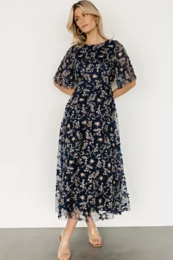 Fashion Baltic Born Arabella Embroidered Tulle Maxi Dress | Navy + Gold