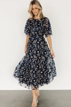 Fashion Baltic Born Arabella Embroidered Tulle Maxi Dress | Navy + Gold