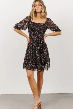 Online Baltic Born Azlyn Smocked Short Dress | Black + Purple Floral