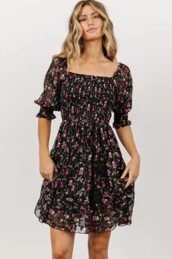 Online Baltic Born Azlyn Smocked Short Dress | Black + Purple Floral