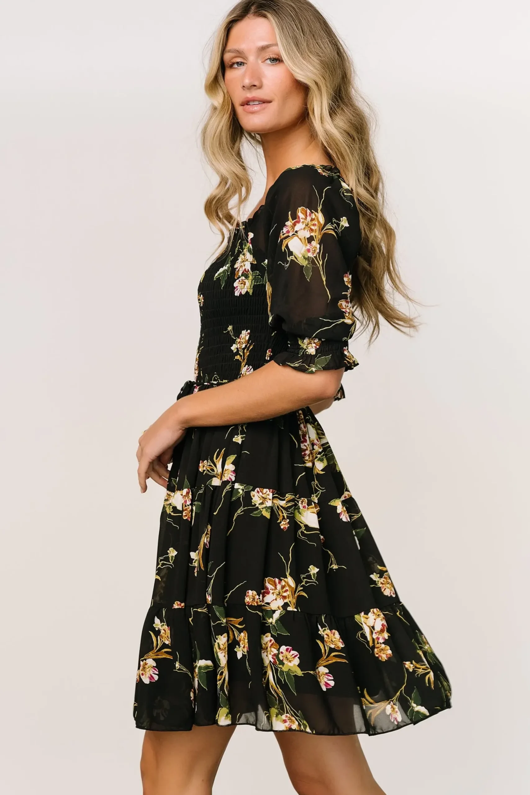 New Baltic Born Azlyn Smocked Short Dress | Night Bloom Floral