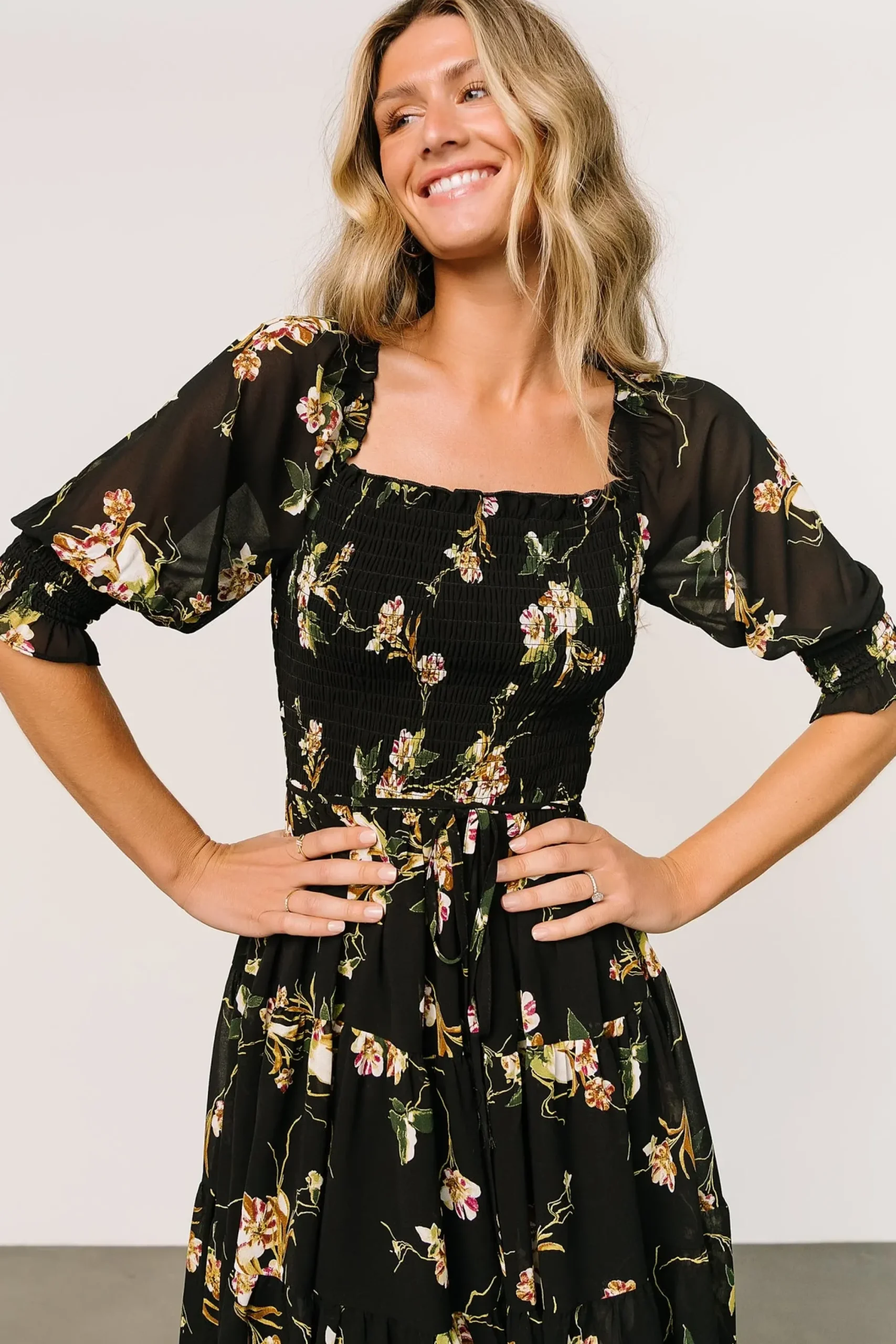 New Baltic Born Azlyn Smocked Short Dress | Night Bloom Floral