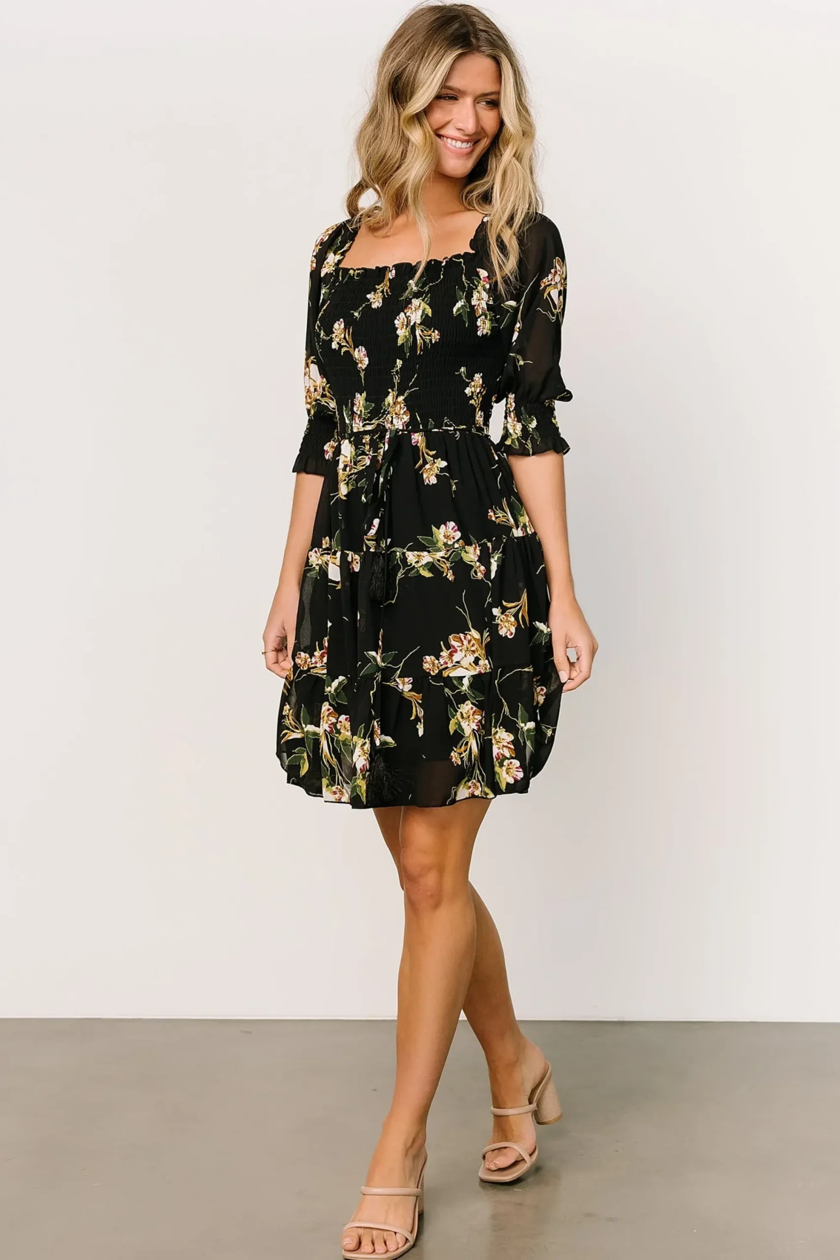 New Baltic Born Azlyn Smocked Short Dress | Night Bloom Floral