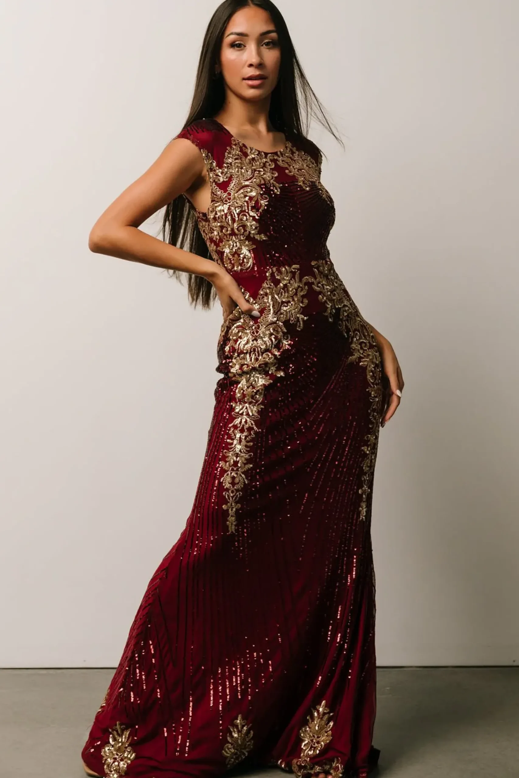 Clearance Baltic Born Azura Sequin Gown | Burgundy + Gold