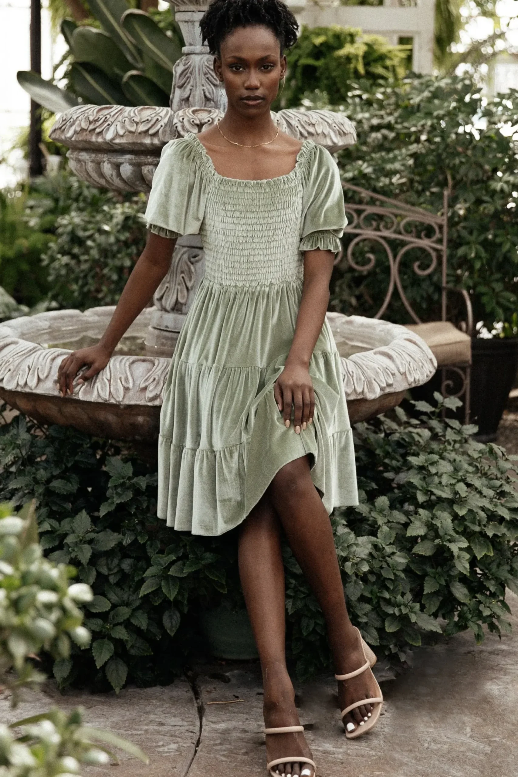 New Baltic Born Bliss Smocked Velvet Short Dress | Dusty Sage