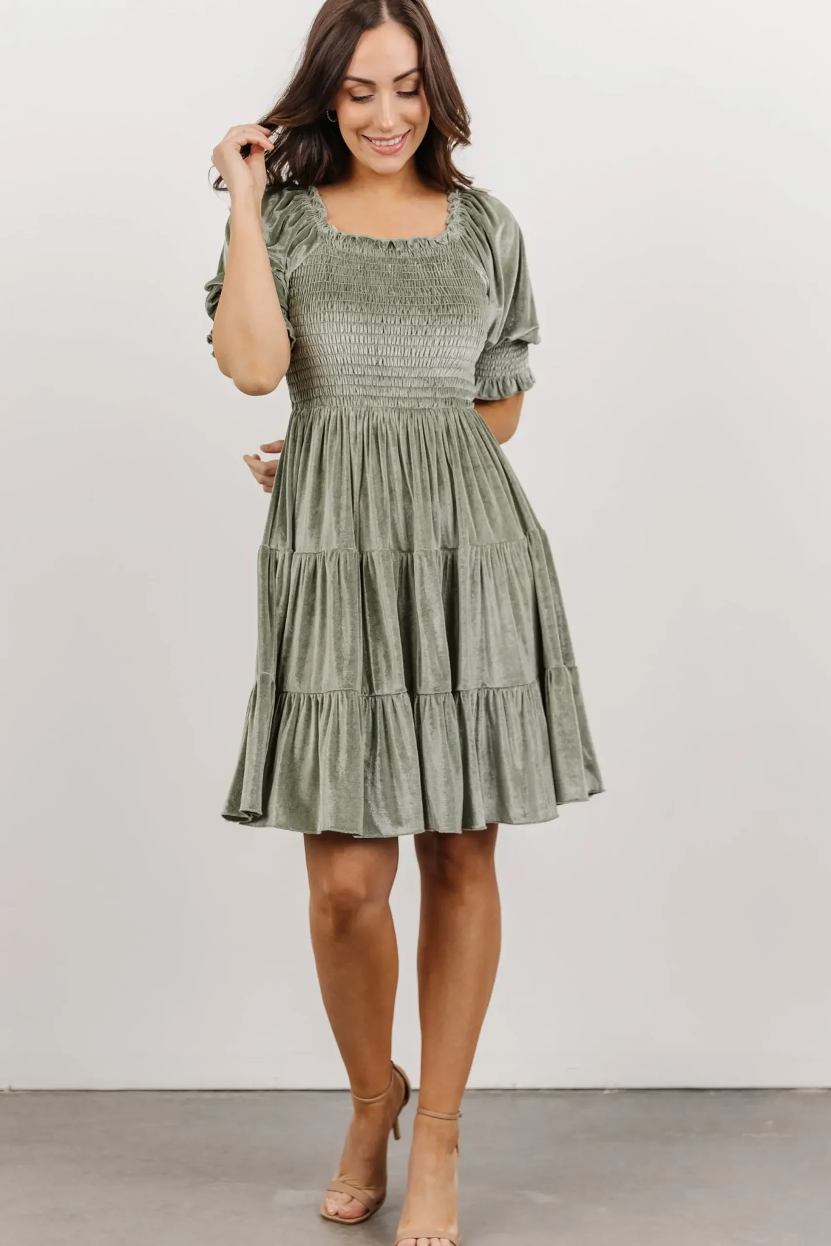 New Baltic Born Bliss Smocked Velvet Short Dress | Dusty Sage
