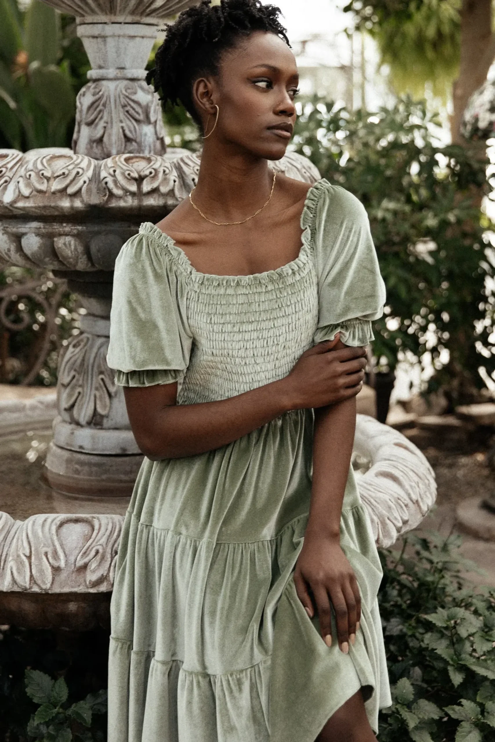 New Baltic Born Bliss Smocked Velvet Short Dress | Dusty Sage