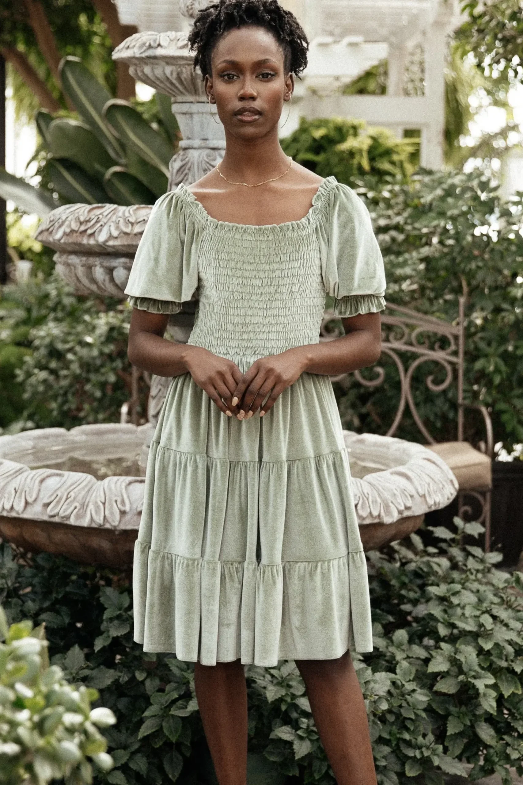 New Baltic Born Bliss Smocked Velvet Short Dress | Dusty Sage