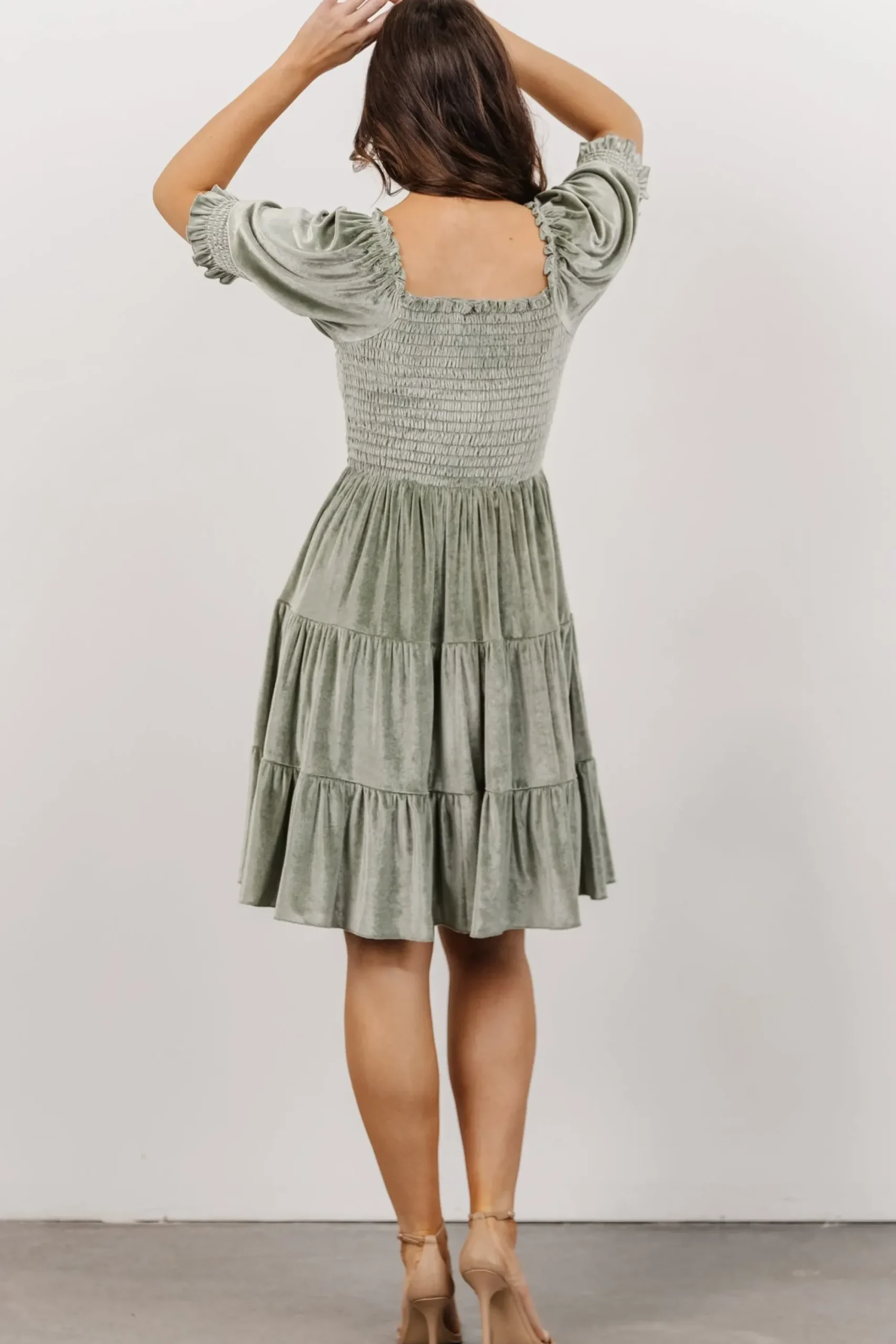 New Baltic Born Bliss Smocked Velvet Short Dress | Dusty Sage