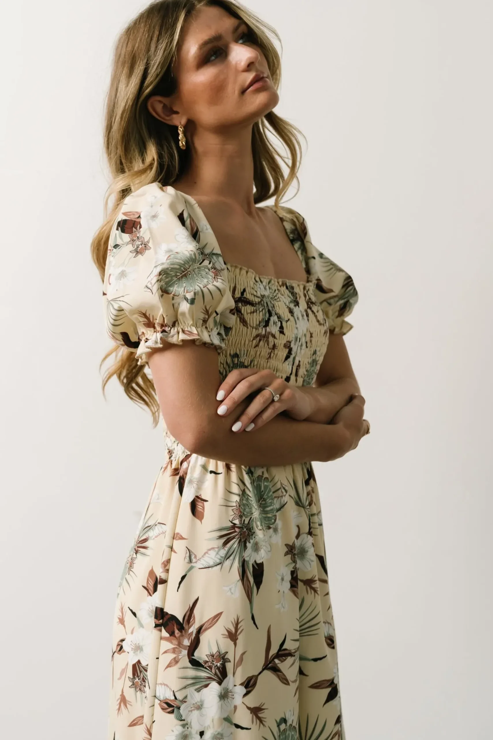 Discount Baltic Born Capri Smocked Maxi Dress | Cream Palm Print