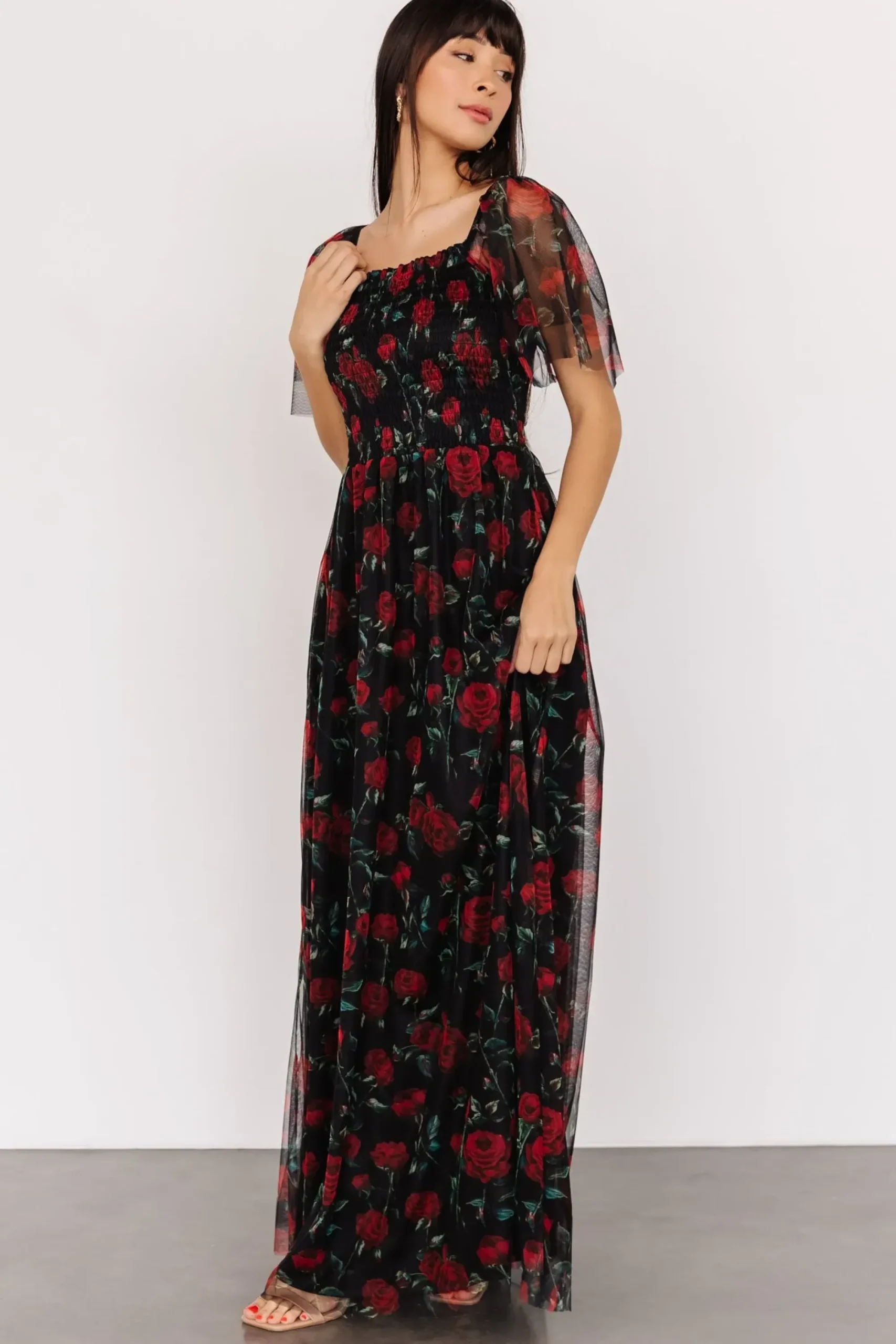 New Baltic Born Cassandra Tulle Maxi Dress | Black + Red Rose