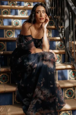 Clearance Baltic Born Cassandra Tulle Maxi Dress | Dark Blue Floral