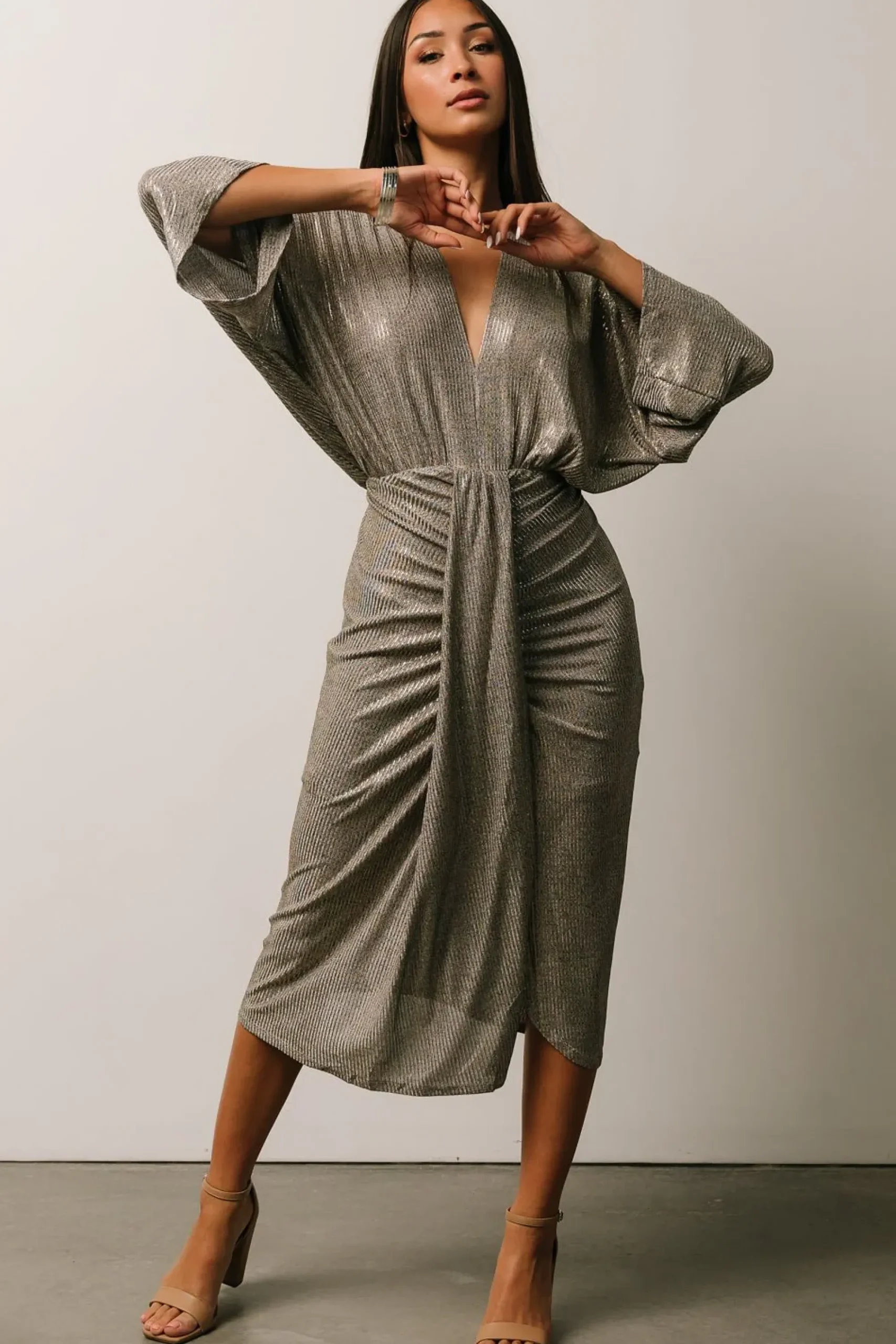 Clearance Baltic Born Ciara Ruched Midi Dress | Silver Metallic