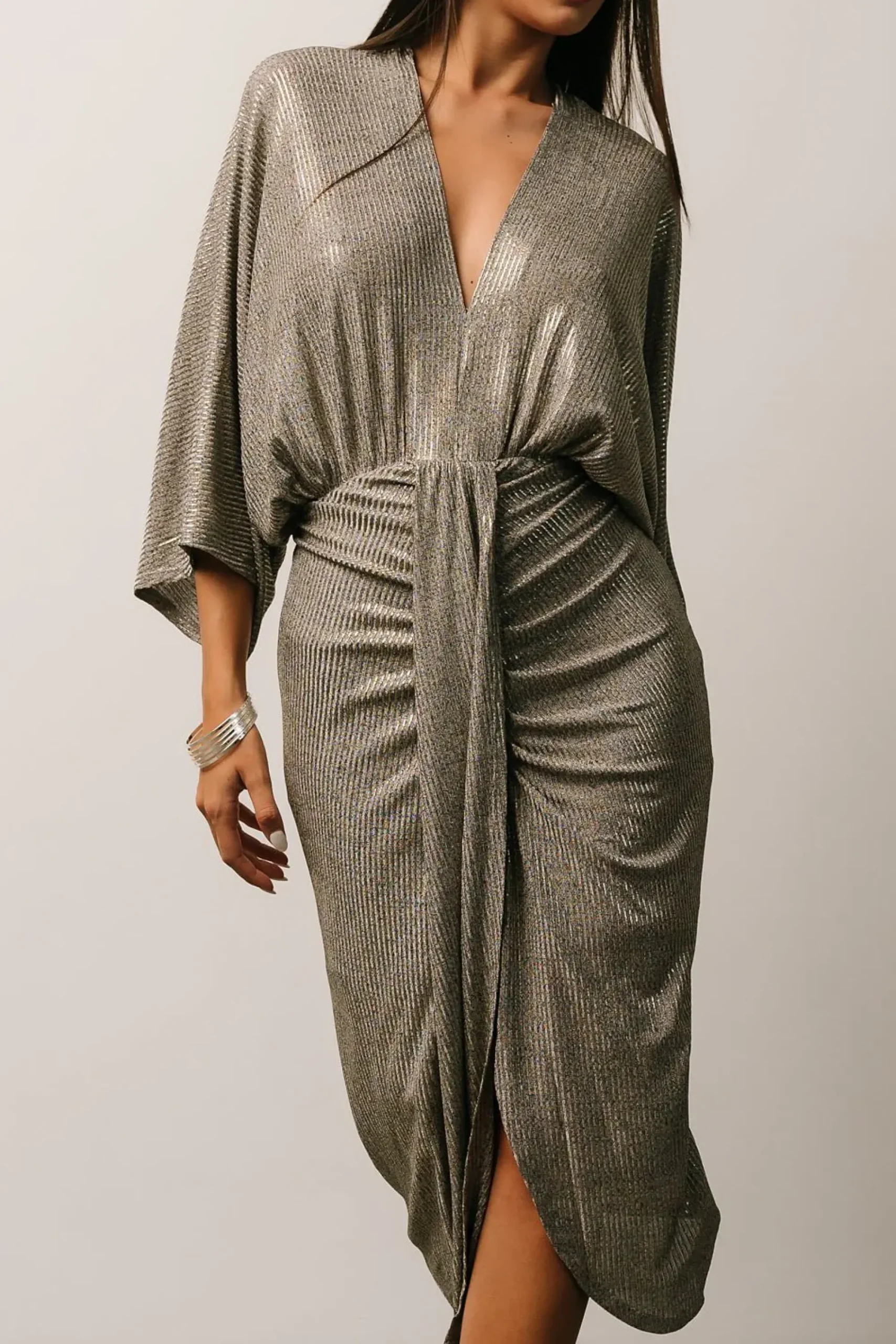 Clearance Baltic Born Ciara Ruched Midi Dress | Silver Metallic