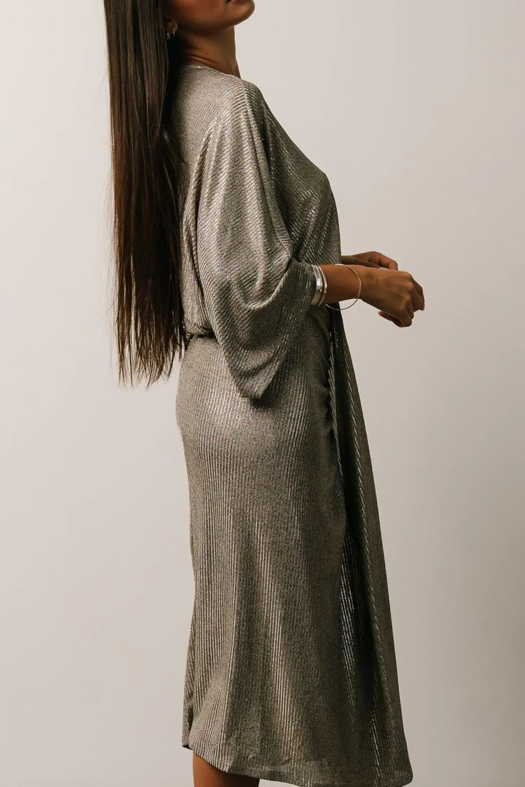 Clearance Baltic Born Ciara Ruched Midi Dress | Silver Metallic