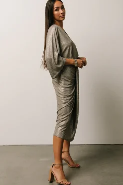 Clearance Baltic Born Ciara Ruched Midi Dress | Silver Metallic