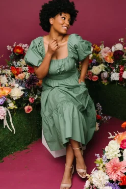 New Baltic Born Cindy Puff Sleeve Tiered Dress | Dusty Green