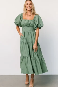 New Baltic Born Cindy Puff Sleeve Tiered Dress | Dusty Green