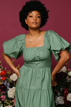 New Baltic Born Cindy Puff Sleeve Tiered Dress | Dusty Green