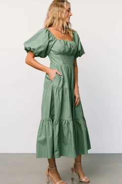 New Baltic Born Cindy Puff Sleeve Tiered Dress | Dusty Green