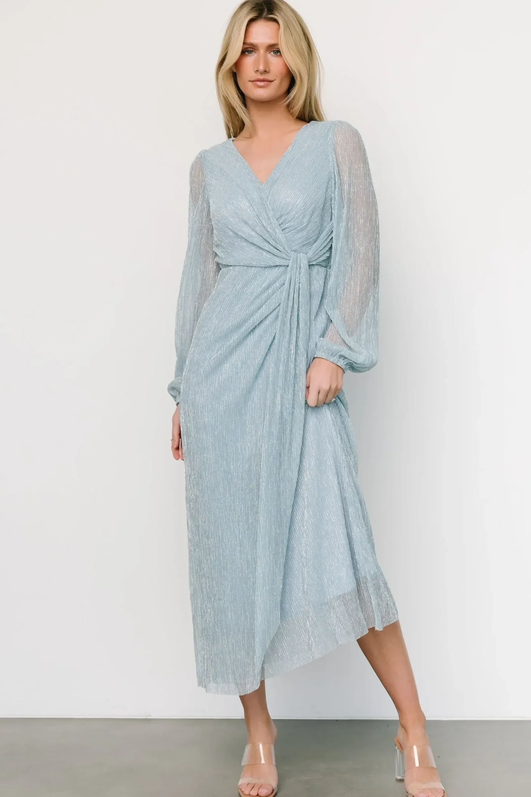 Discount Baltic Born Devlyn Pleated Dress | Dusty Blue Shimmer