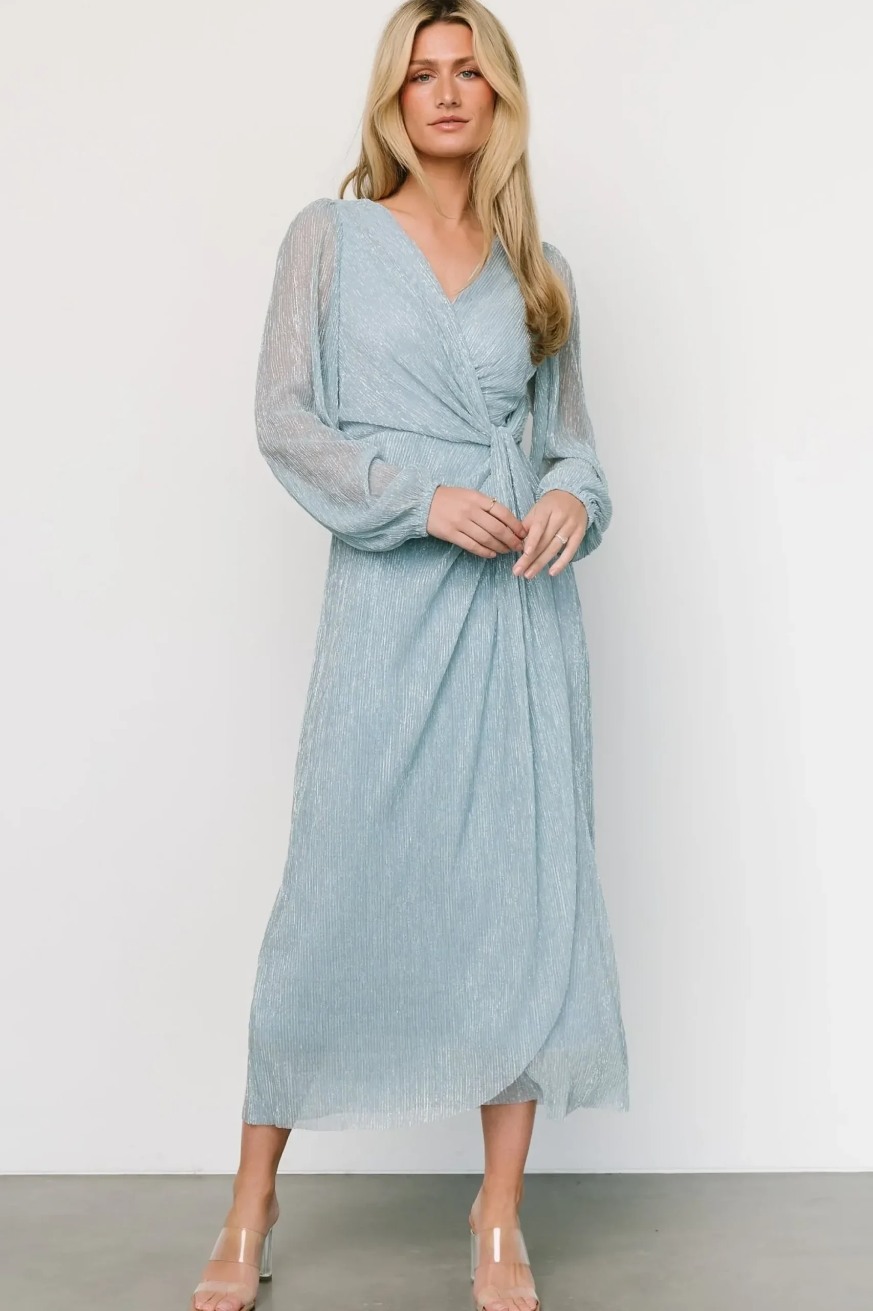 Discount Baltic Born Devlyn Pleated Dress | Dusty Blue Shimmer