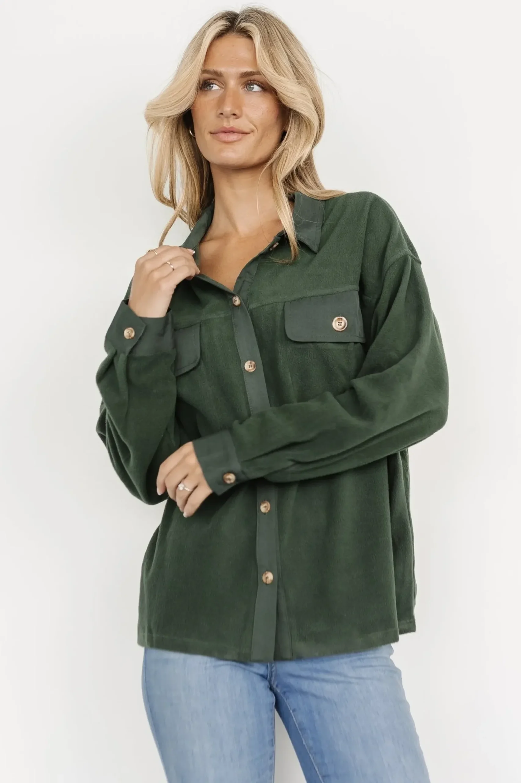 New Baltic Born Duke Button Up Top | Forest Green