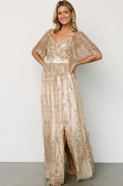 New Baltic Born Genevieve Glitter Maxi Dress | Gold + Nude