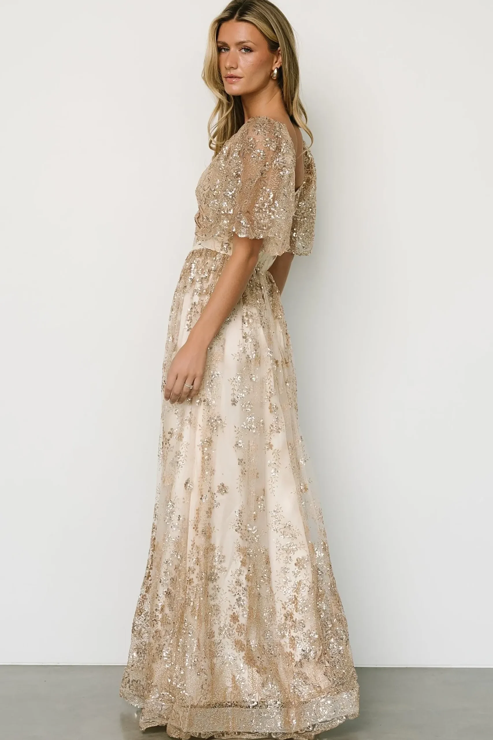 New Baltic Born Genevieve Glitter Maxi Dress | Gold + Nude