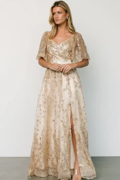 New Baltic Born Genevieve Glitter Maxi Dress | Gold + Nude