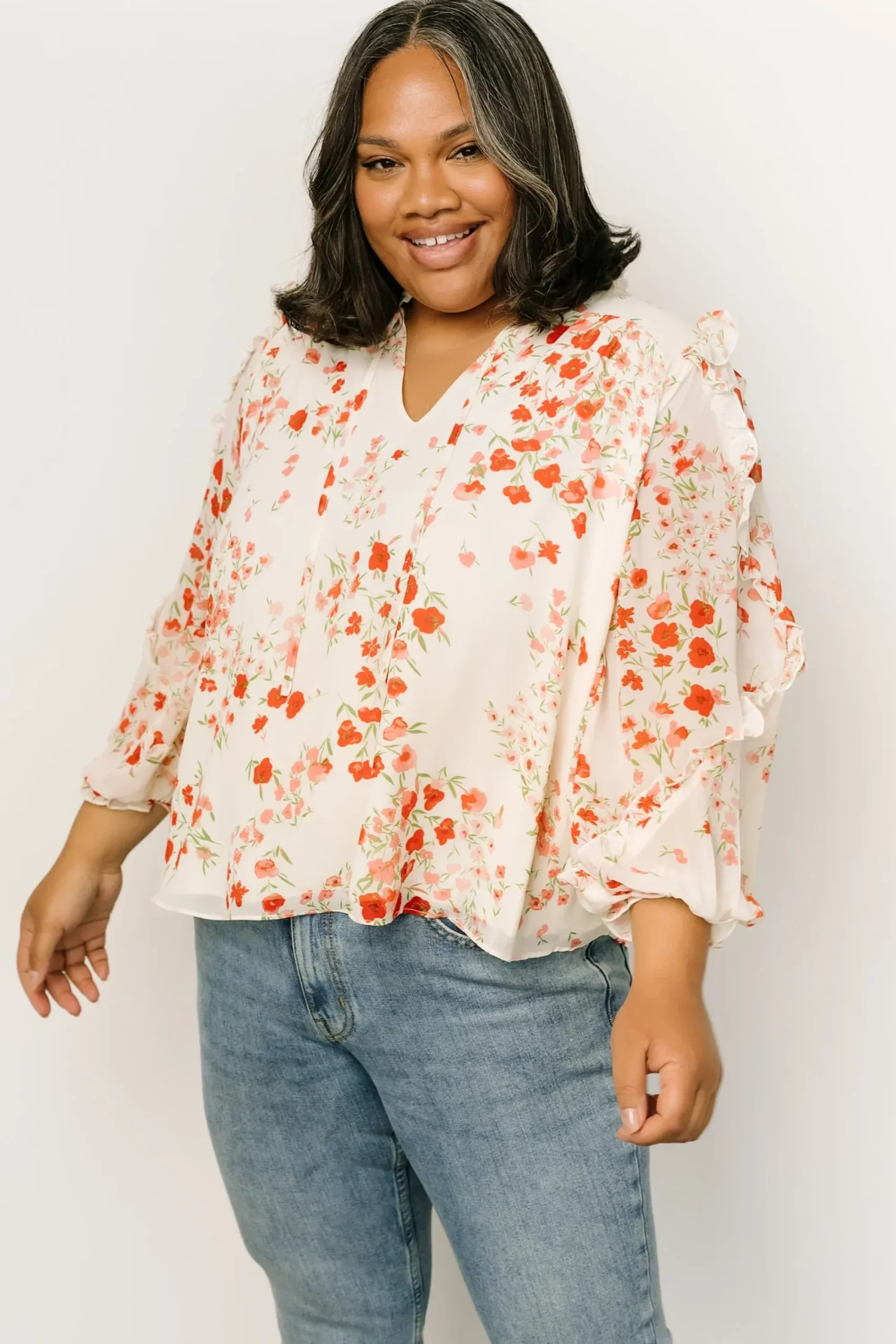 Discount Baltic Born Karlie Long Sleeve Ruffle Top | Ivory + Red Multi