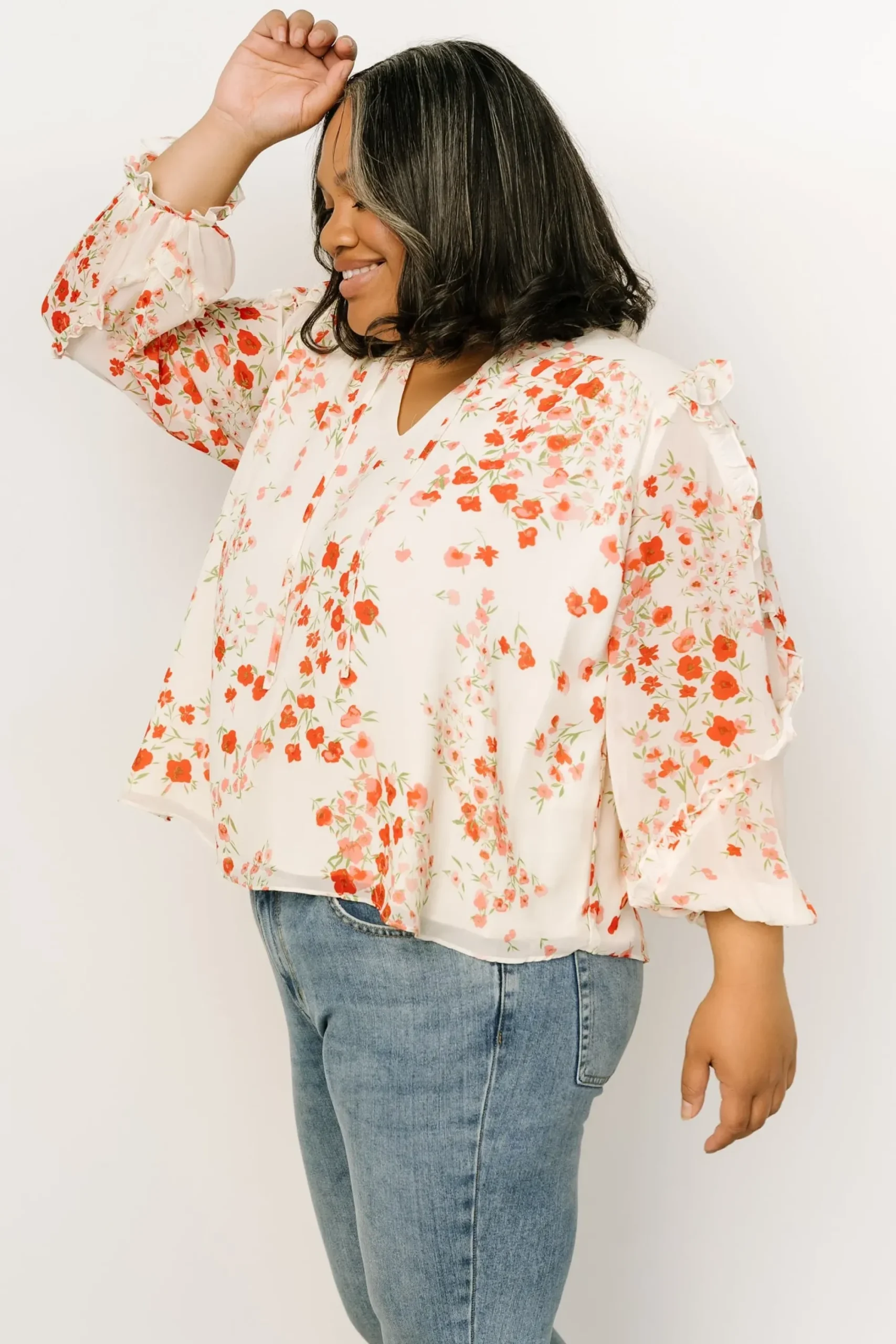 Discount Baltic Born Karlie Long Sleeve Ruffle Top | Ivory + Red Multi