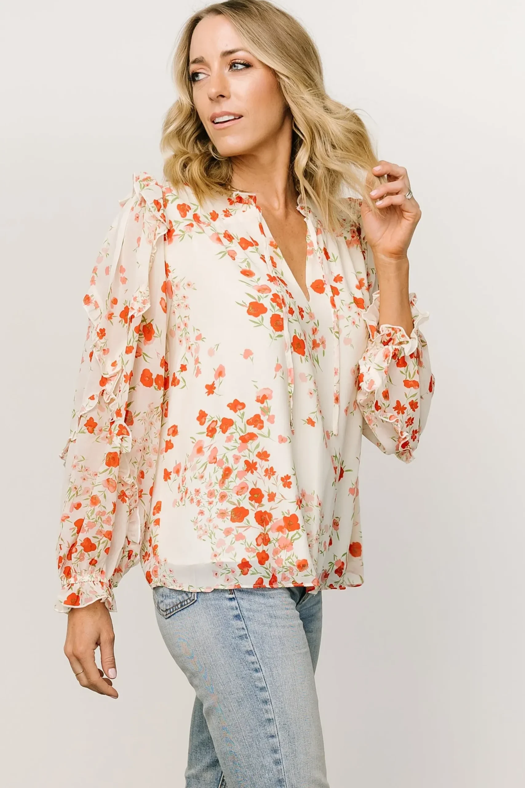 Discount Baltic Born Karlie Long Sleeve Ruffle Top | Ivory + Red Multi
