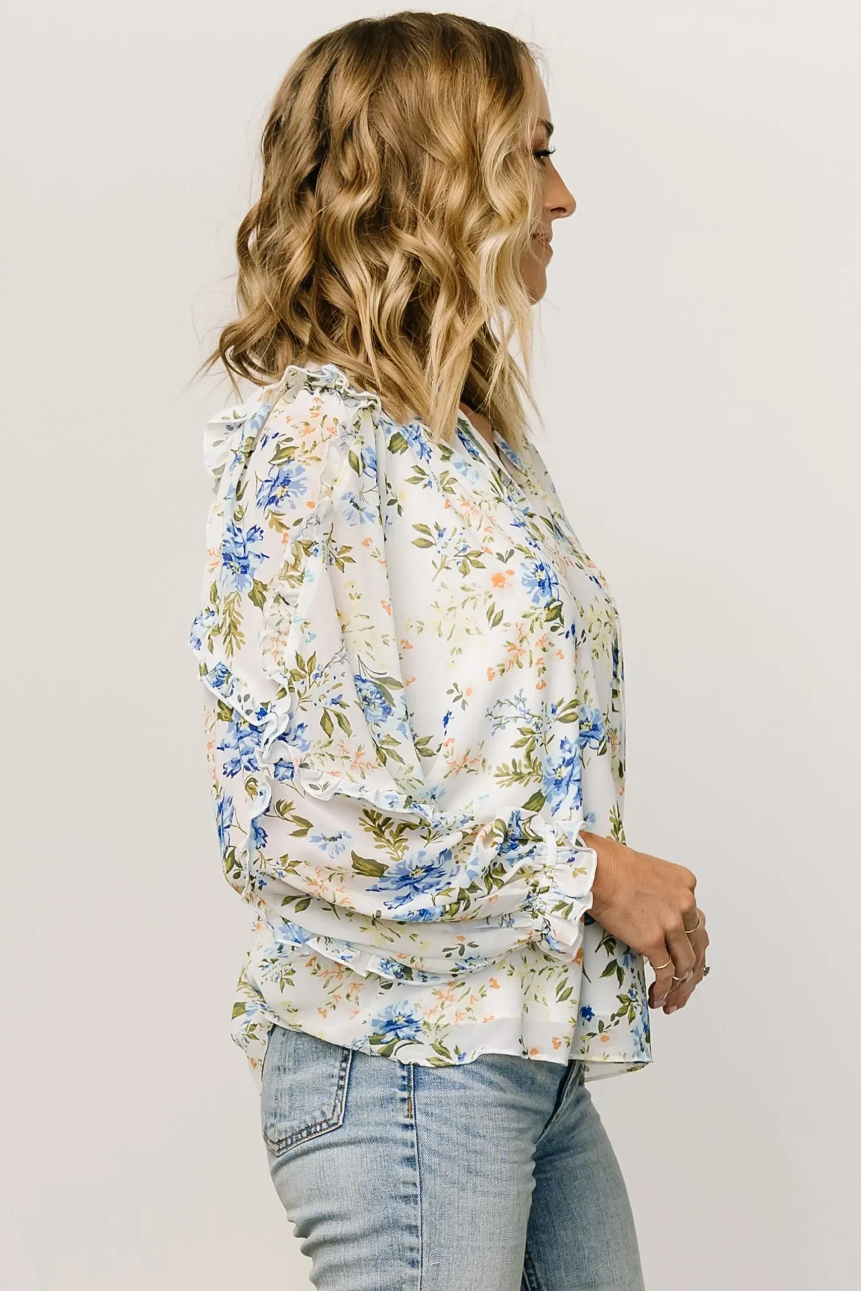 Hot Baltic Born Karlie Long Sleeve Ruffle Top | Blue Floral