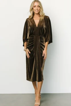 Clearance Baltic Born Kleo Ruched Midi Dress | Bronze Shimmer