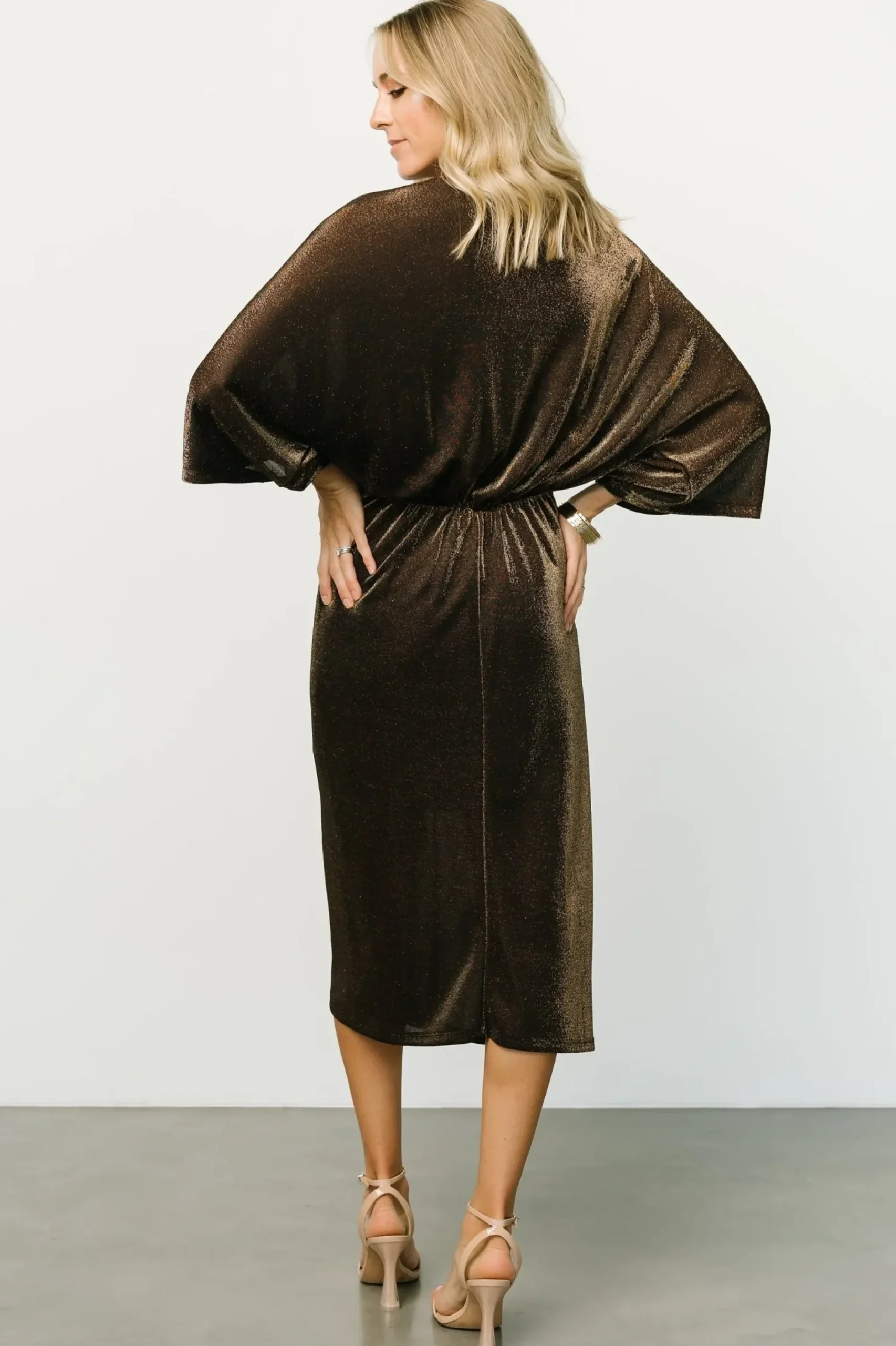 Clearance Baltic Born Kleo Ruched Midi Dress | Bronze Shimmer