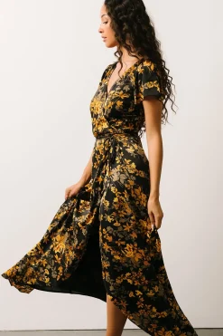 Clearance Baltic Born Krystal Satin Wrap Gown | Black + Gold Floral