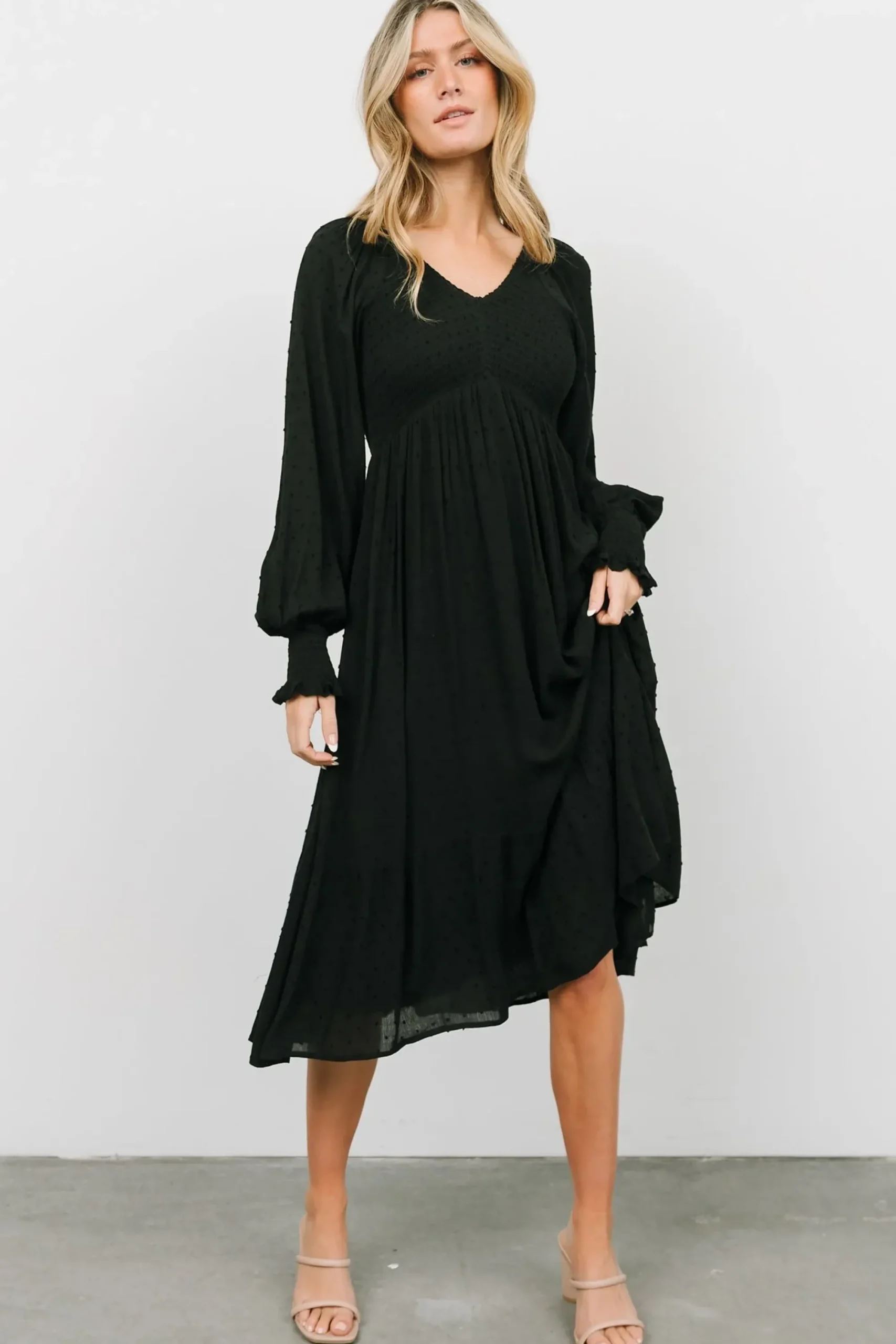 Outlet Baltic Born Lainey Smocked Dotted Midi Dress | Black