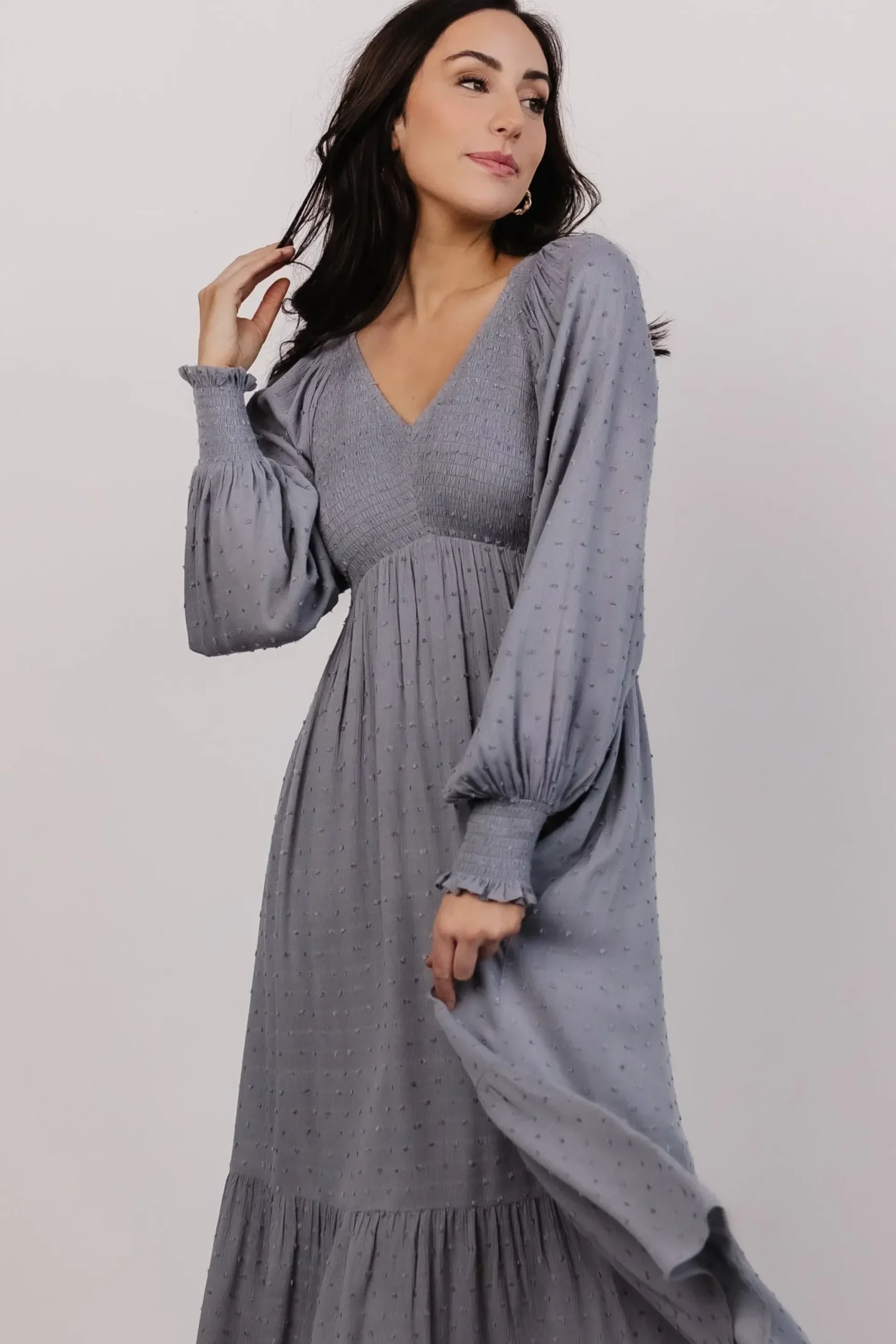 Best Baltic Born Lainey Smocked Dotted Midi Dress | Dusty Blue