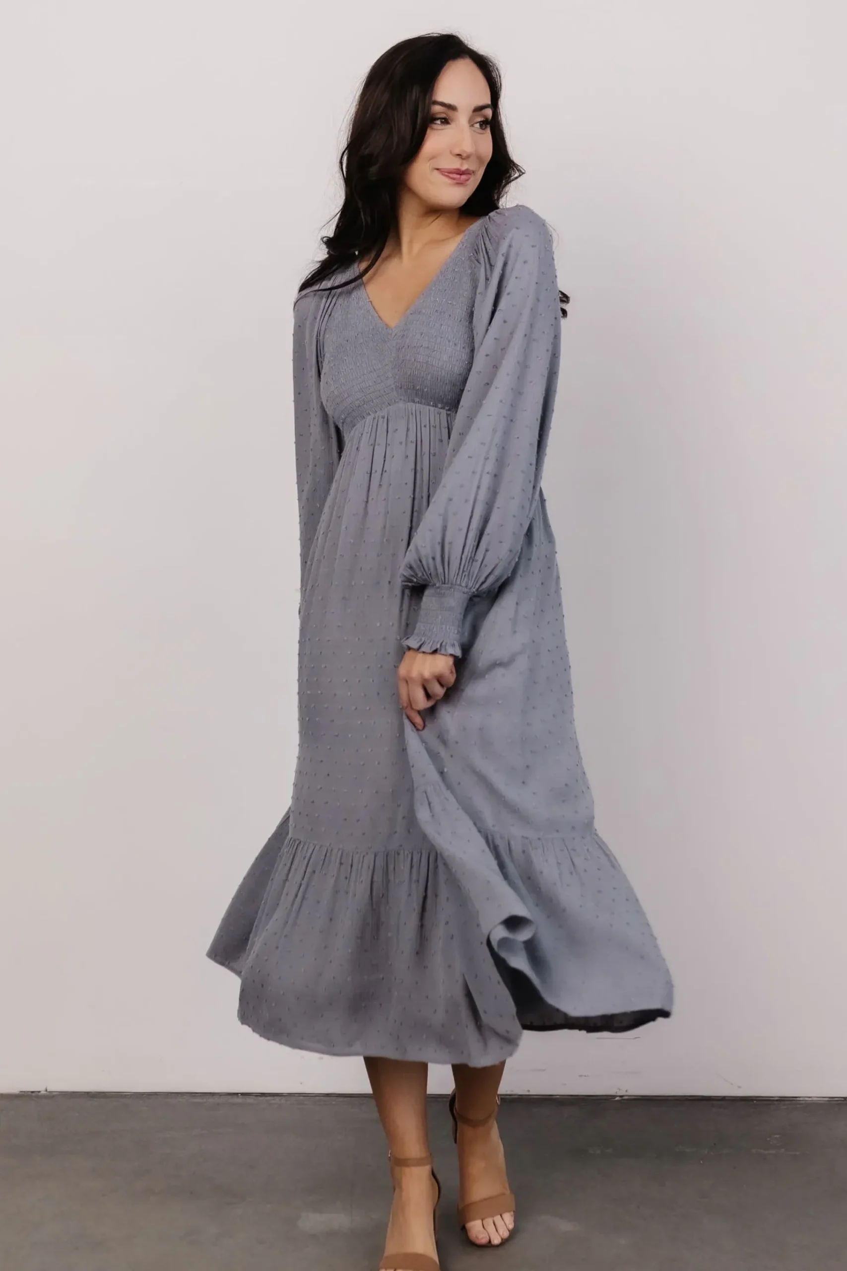 Best Baltic Born Lainey Smocked Dotted Midi Dress | Dusty Blue