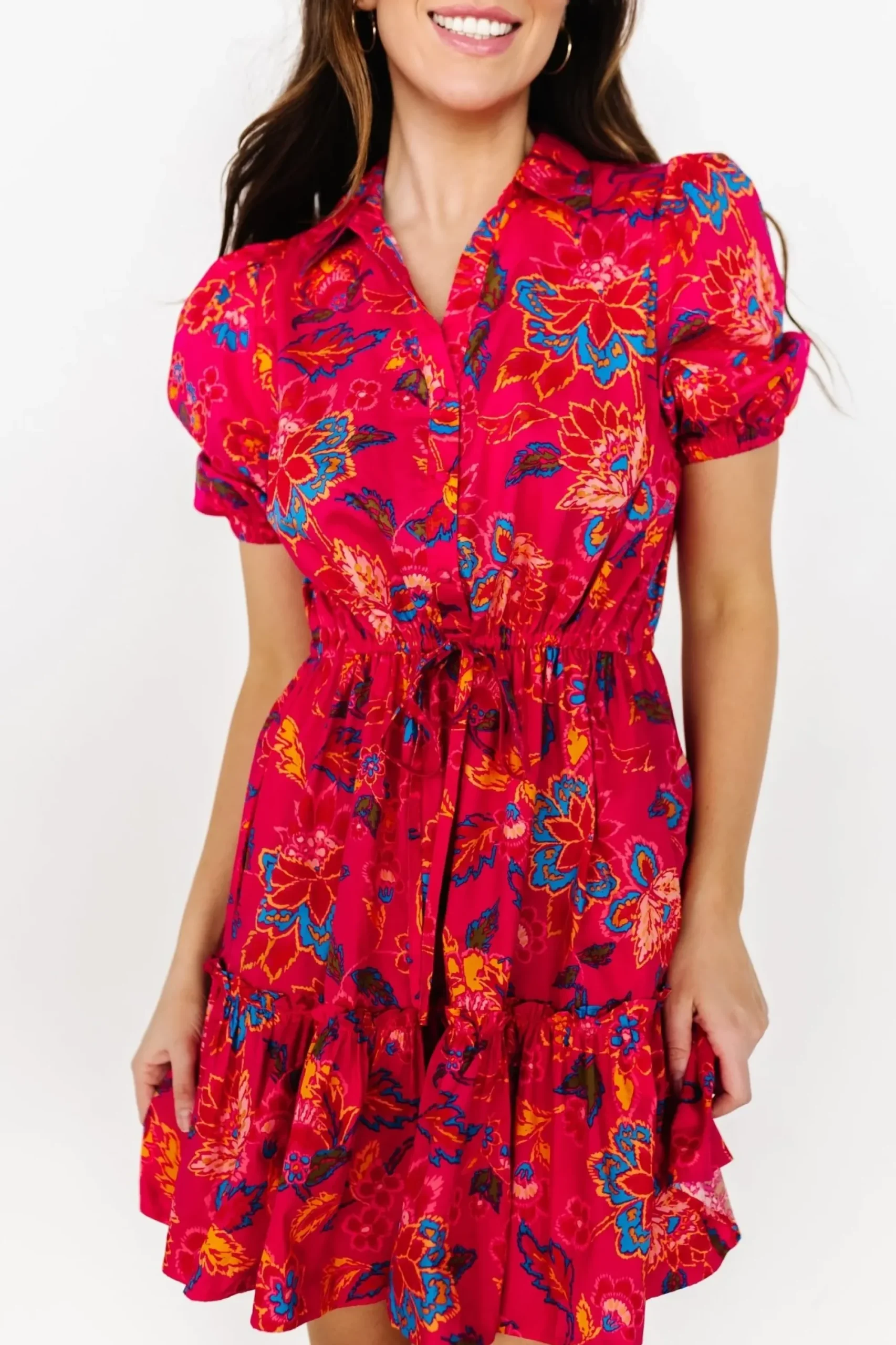Online Baltic Born Lara Ruffle Short Dress | Fuchsia Floral