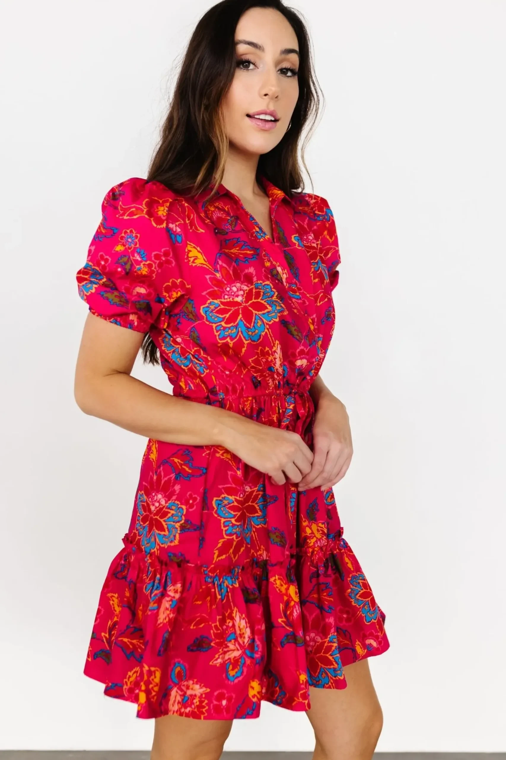 Online Baltic Born Lara Ruffle Short Dress | Fuchsia Floral