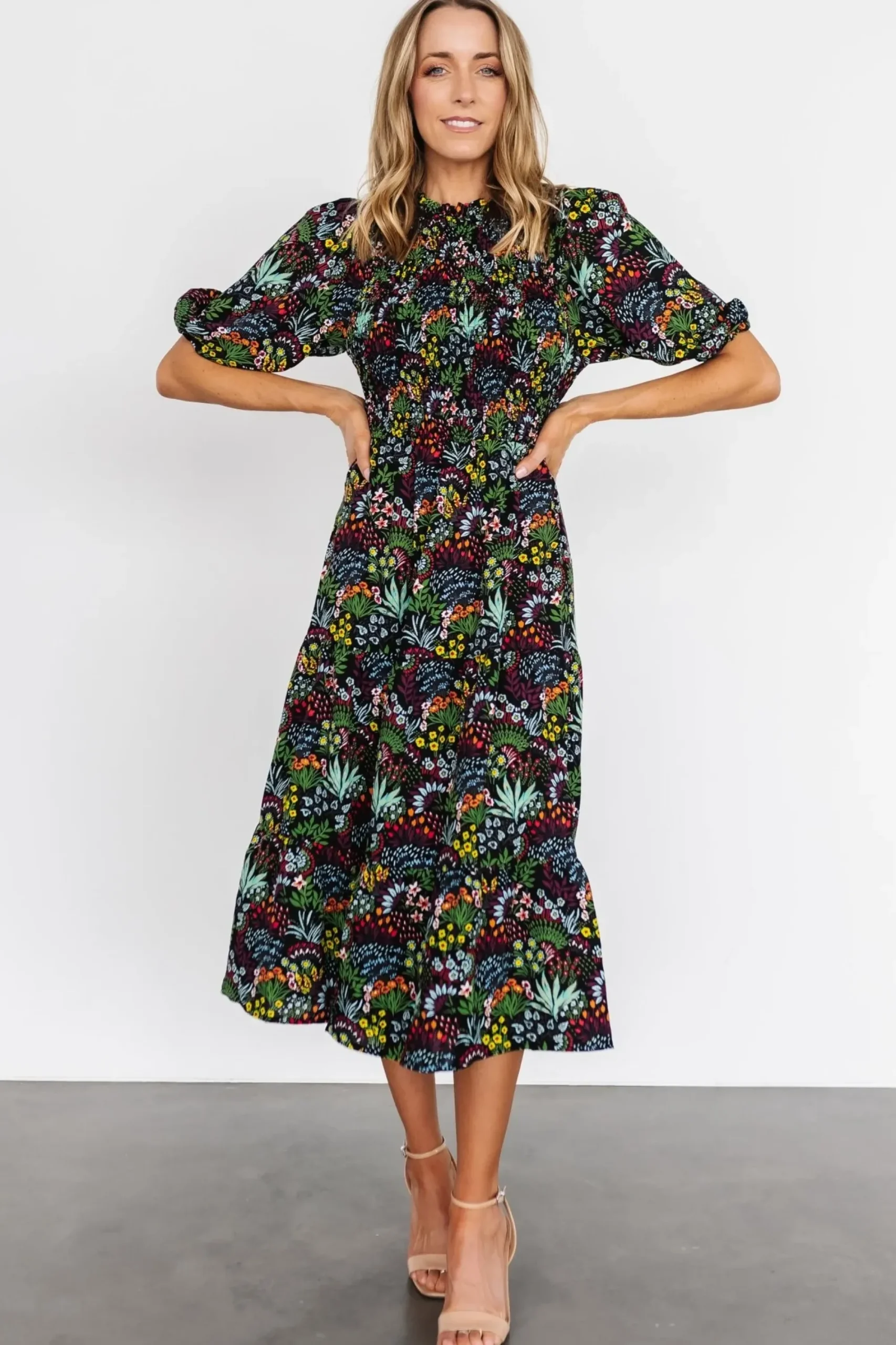 New Baltic Born Lena Tiered Midi Dress | Black Multi Floral