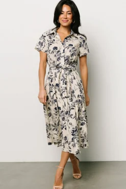 New Baltic Born Lorna Midi Dress | Beige + Navy Print