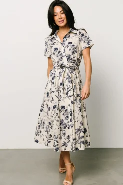 New Baltic Born Lorna Midi Dress | Beige + Navy Print