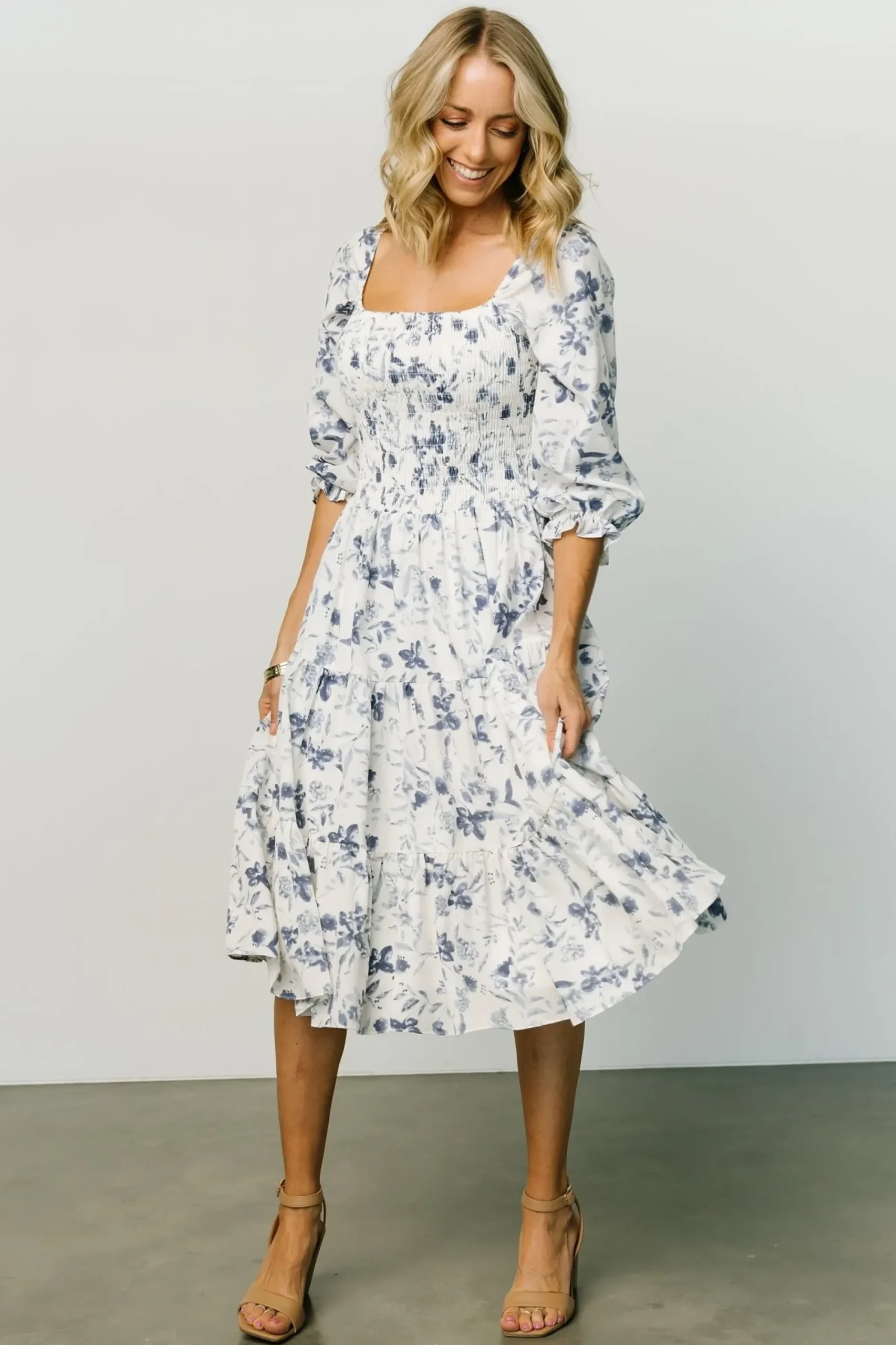 Discount Baltic Born Marta Smocked Midi Dress | White + Blue