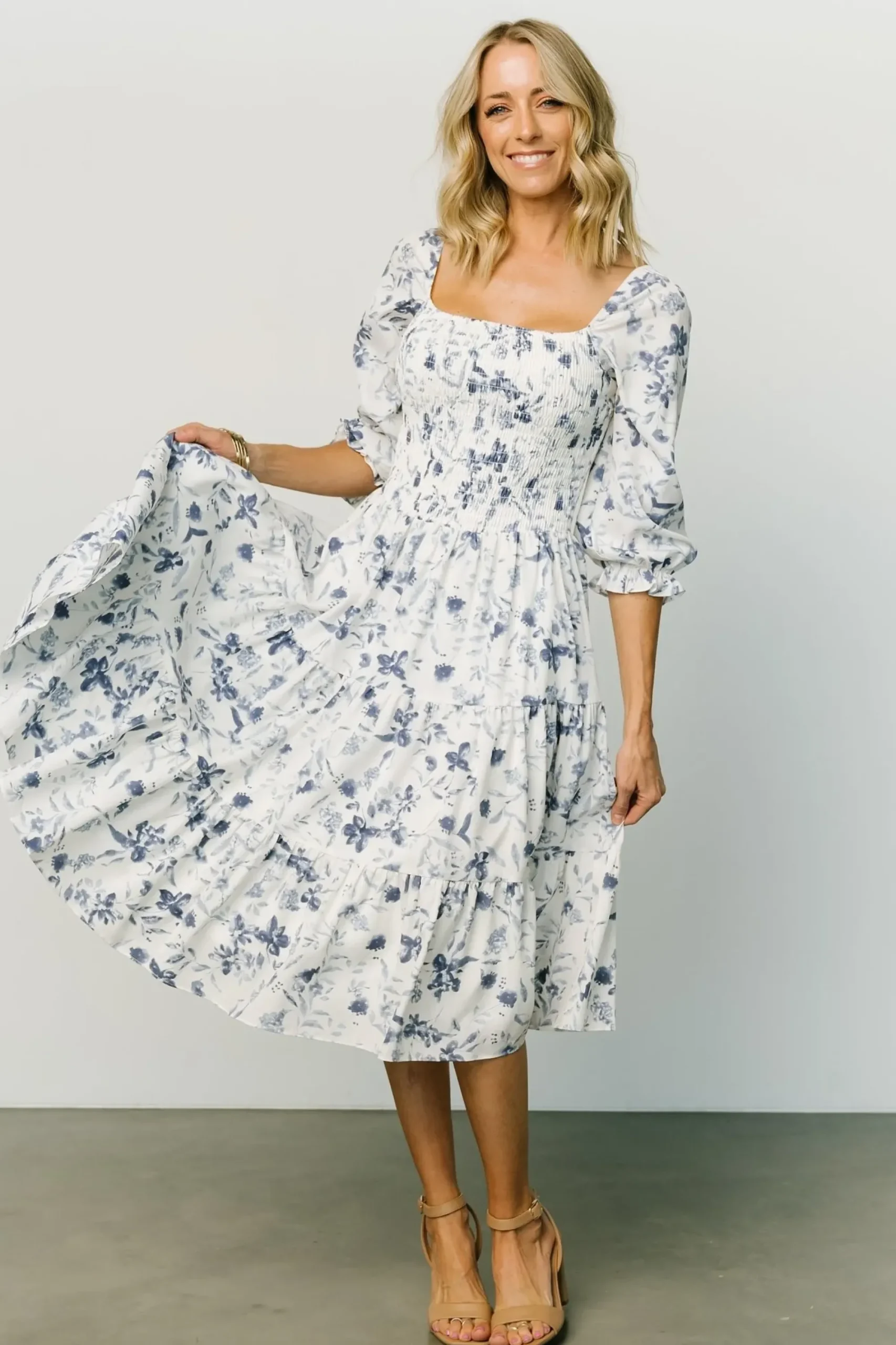 Discount Baltic Born Marta Smocked Midi Dress | White + Blue